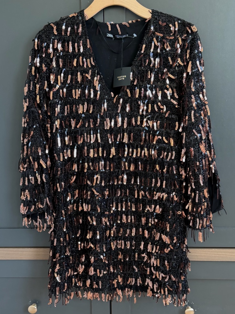Zara | Black Sequin Fringe V-Neck Dress | Xs